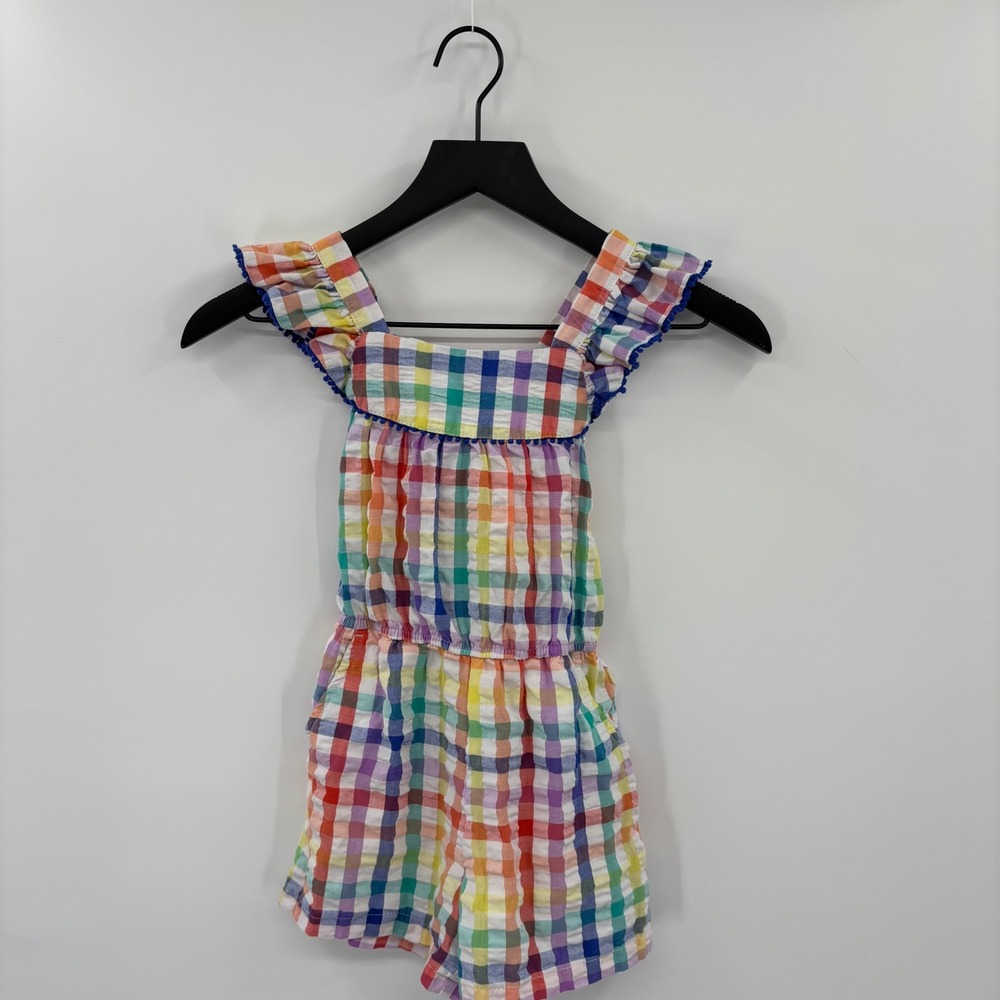 Cat & Jack Romper Girls 5T Rainbow Gingham Ruffle Pom Pom Boho Picnic Preppy